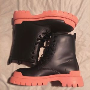 Brand New Black Faux Leather Combat Moto Boots with Pink Sole Size 9-9.5
